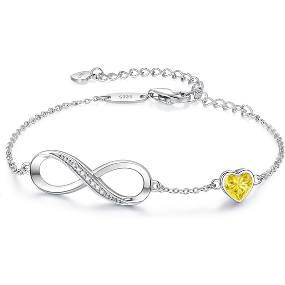 Leander Infinity Heart Birthstone Charm Link Bracelet for Women 925 Sterling Silver Adjustable Mother's Day Gift Anniversary Birthday Jewelry for Wife Girlfriend Her
