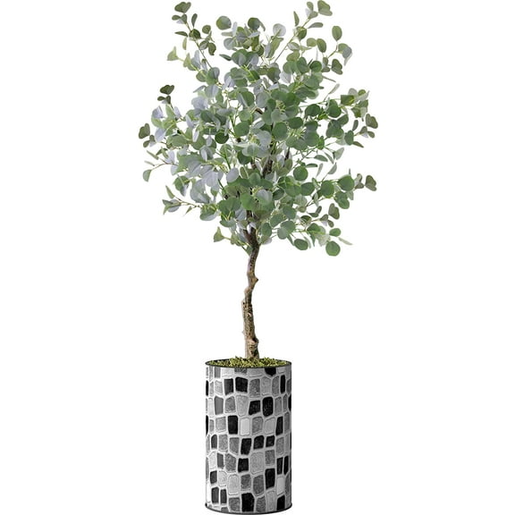 Artificial Tree in Modern Geometric Pattern Planter, Fake Eucalyptus Silk Tree for Indoor and Outdoor Home Decoration - 57" Overall Tall (Plant Pot Plus Tree)