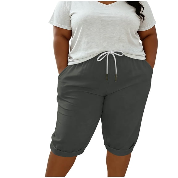 Shorts for Women Summer Drawstring Elastic Waist Plus Size Straight Leg Half Pants Lightweight Stretchy Shorts with Pockets