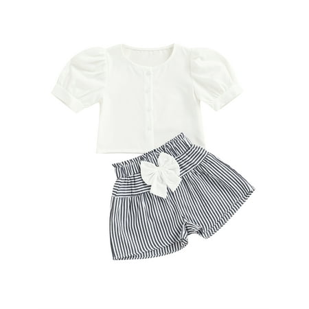 

Calsunbaby Kids Baby Girls Solid Color Round Neck Short Sleeve Tops+ Striped Short Pants 2pcs Outfits Set White 6-7 Years