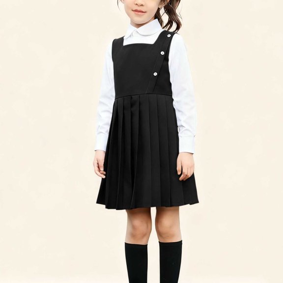 Girls 3 Piece Outfits Short Sleeve Button Down Lapel Shirt with Pleated A-Line Skirts Tie Cute Preppy Style Sets Black 4 7-8 Years
