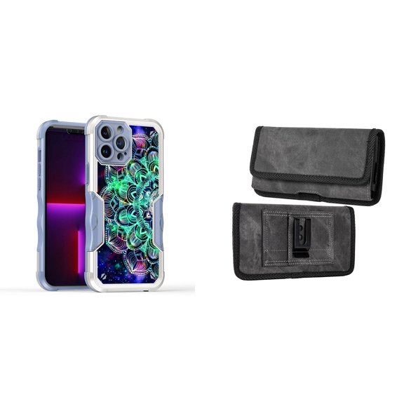 Case and Pouch Bundle for iPhone 14: Heavy Duty Armor Rugged Case (Teal Galaxy Mandala) and Rugged Denim Nylon Belt Holster (Grey)