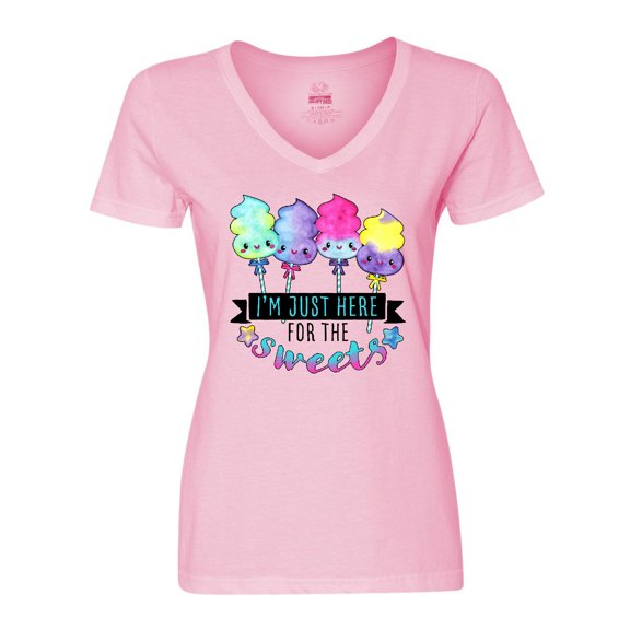 Inktastic I'm Just Here for the Sweets with Spun Sugar Candy Women's V-Neck T-Shirt