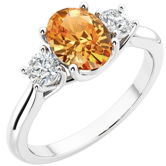 PEORA 14K White Gold Oval Citrine and Lab Grown Diamond 3 Stone Trellis Ring, 1.30 Carats total, Size 8.5