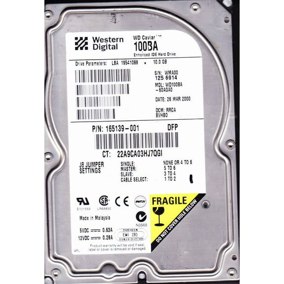 WD100BA-60AGA0, DCM RRCABVHBO, Western Digital 10GB IDE 3.5 Hard Drive