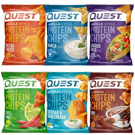 Quest Tortilla Protein Chips, 6 Flavor Variety Pack (1.1 Ounce Each Bag), Spicy Sweet Chili, Ranch, Loaded Taco, Chili lime, and Nacho Cheese, Chedda & Sour Cream