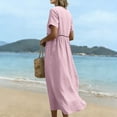 thumbnail image 4 of Domzest Womens Midi Dress Short Sleeve V Neck Linen Look Lace Trim Empire Waist Casual Summer Flowy Beach Vacation Sundress Pink XXL, 4 of 8