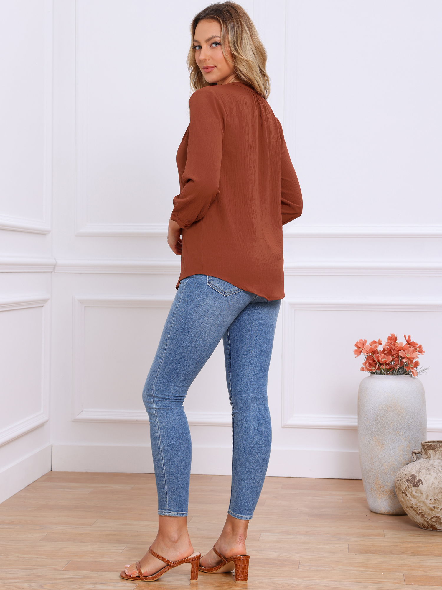 DARING DIVA Women's Stylish 3/4 Sleeve Elbow Sleeve Blouse XS Brick Red