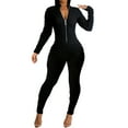 thumbnail image 3 of AGWOLF Bodycon Jumpsuits for Women Casual Long Sleeve Popcorn Rompers Zipper Mock Neck Skinny Pants One Piece Designer Junpsuits Clubwear Black L, 3 of 7