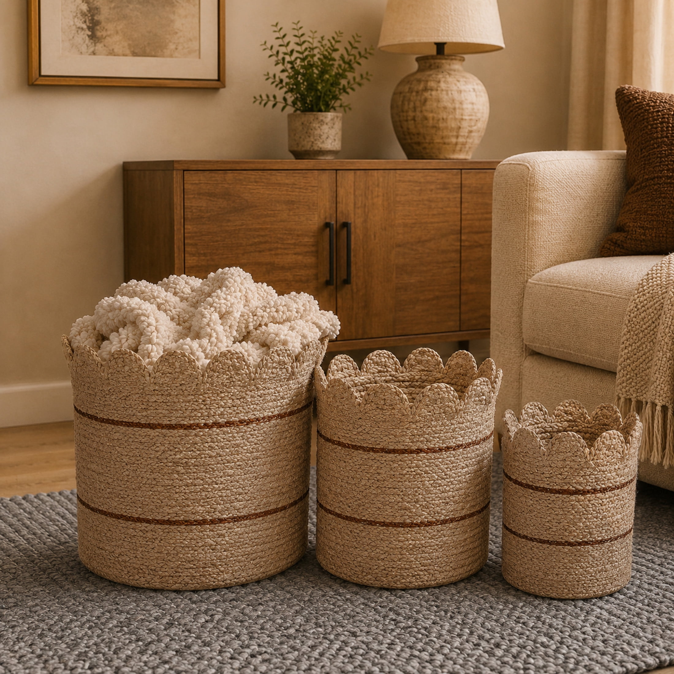 DecMode 13", 15", 17"H Brown Dried Plant Woven Storage Basket, 3-Pieces