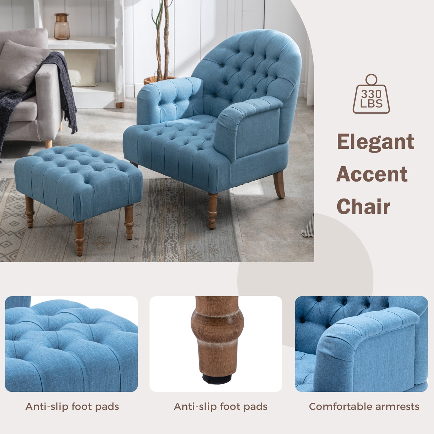 Kepooman Single Sofa Chairs, Modern Armchair with Linen Fabric and Ottoman, Button-Tufted Upholstered Chair Set, Blue Kepooman Single Sofa Chairs, Modern Armchair with Linen Fabric and Ottoman, Button-Tufted Upholstered Chair Set, Blue