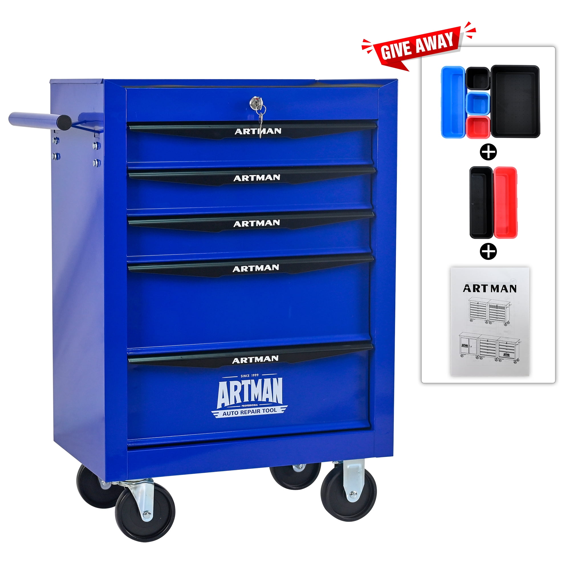 Rolling Metal Tool Chest Cabinet with 5 Drawers & Ball Bearing Drawer Slides, Steel Tool Storage Box Organizer -BLUE