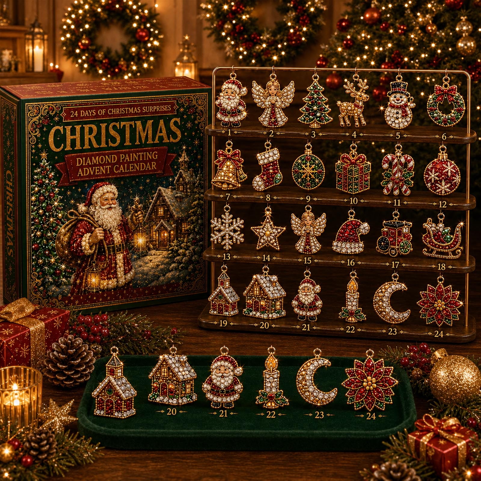 Christmas Advent Calendar Ornaments 24 Day Acrylic Hanging Countdown Calendar with 2D Christmas Tree Pendants Holiday Gifts Surprise Decor for Tree Mantel Window Home Party Celebration-A