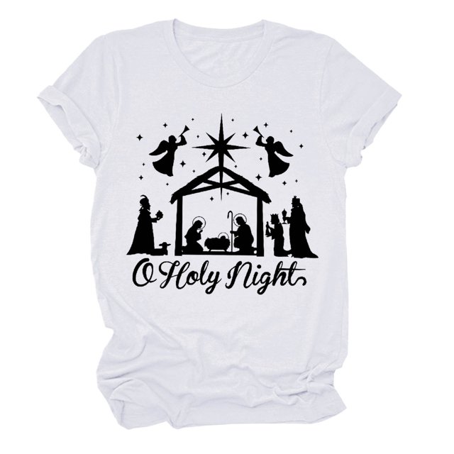 Gibobby Blusa Casual Para Mujer Camiseta de manga corta con cuello redondo y estampado de para mujer O Holy Night(Blanco, S)
