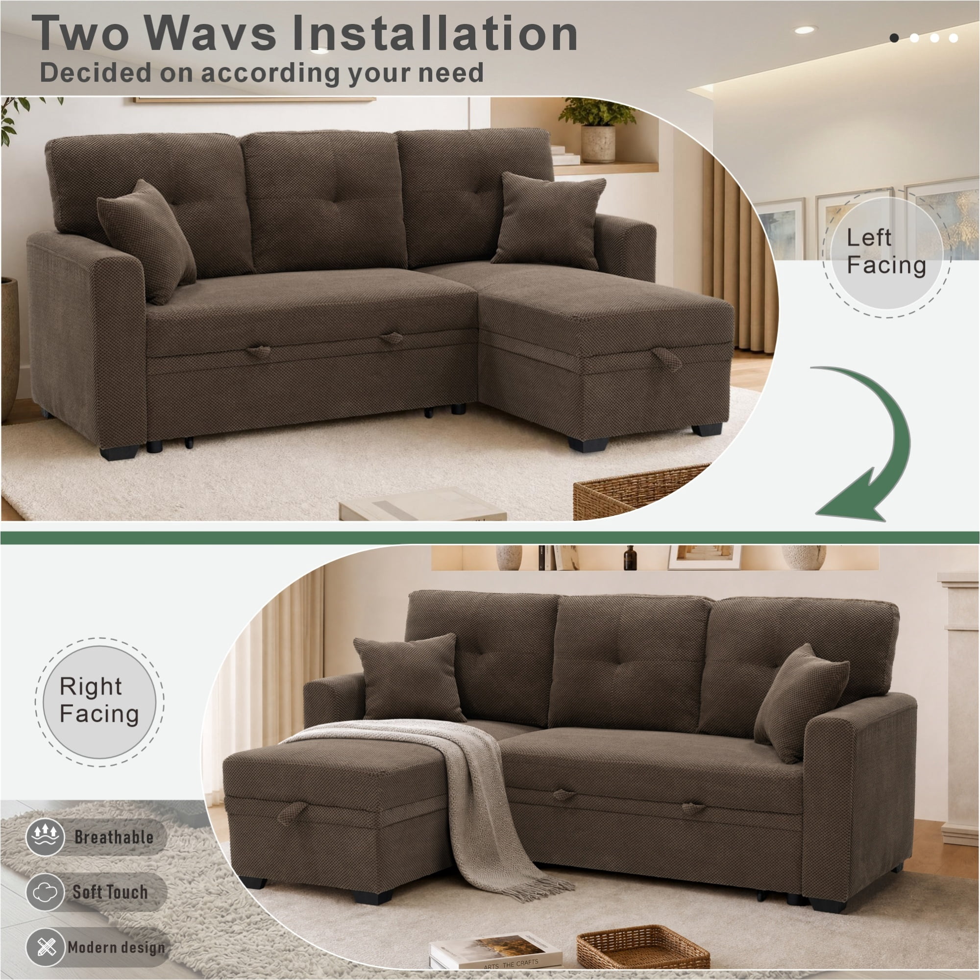 Convertible Sleeper Sectional Sofa with Pull-Out Bed & Reversible Chaise, Loveseat Couch with Hidden Storage for Small Spaces