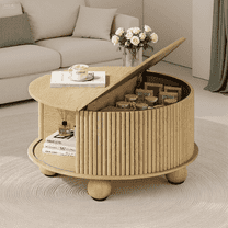 JOINICE Round Coffee Table with Storage and Flip Top,Circle Fluted Center Table with Bun Feet,for Living Room,Oak