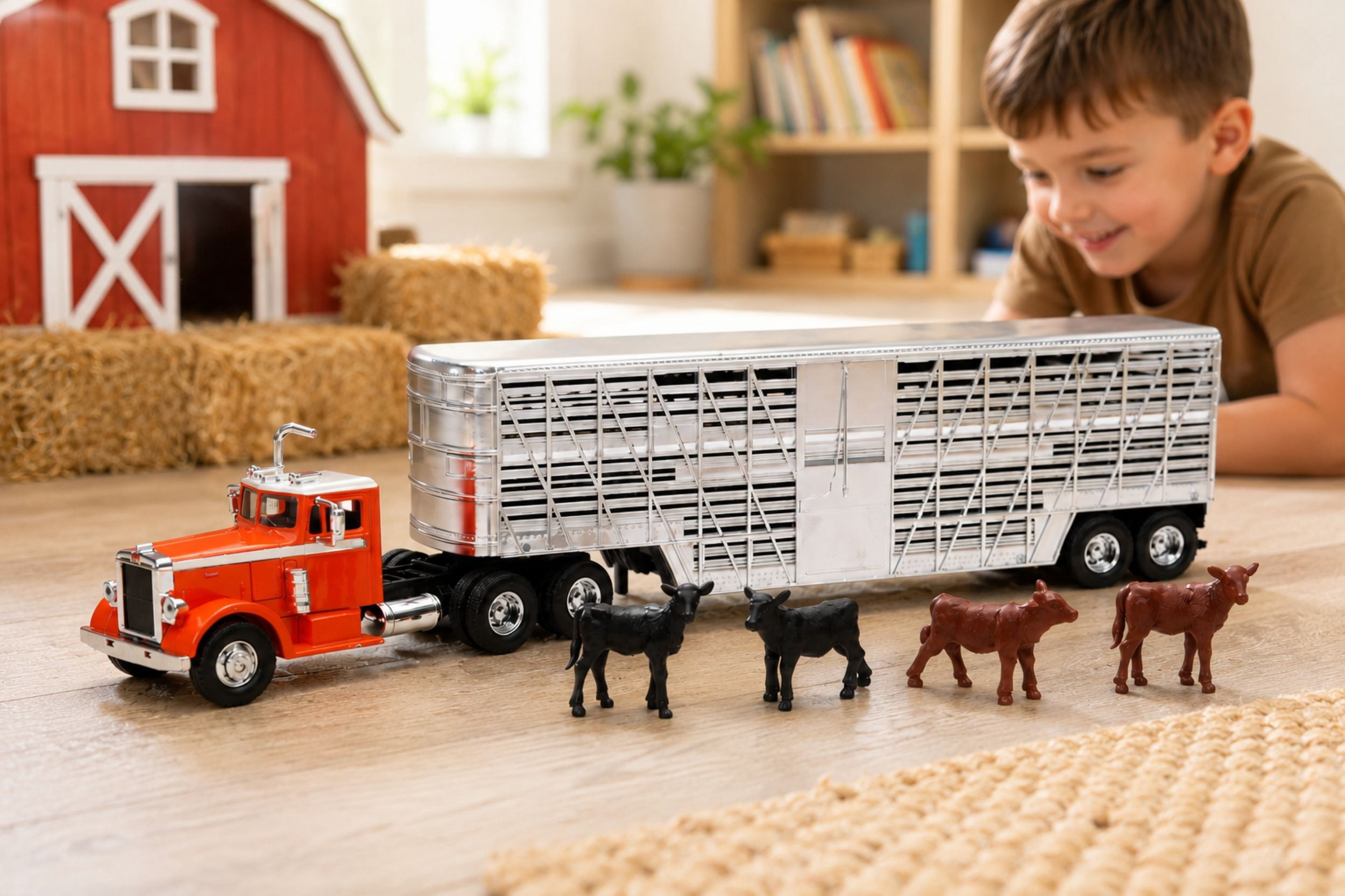 New-Ray 1:43 Scale Orange Mack Vintage Cattle Semi Truck & Trailer