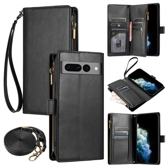 Compatible with Google Pixel 7 Pro 6.7" Wallet Case, [9 Card Slots] [Cash Pocket] [Zipper Pocket] Removable Adjustable Crossbody Strap+Wrist Strap Magnetic PU Leather Kickstand Phone Case, Black