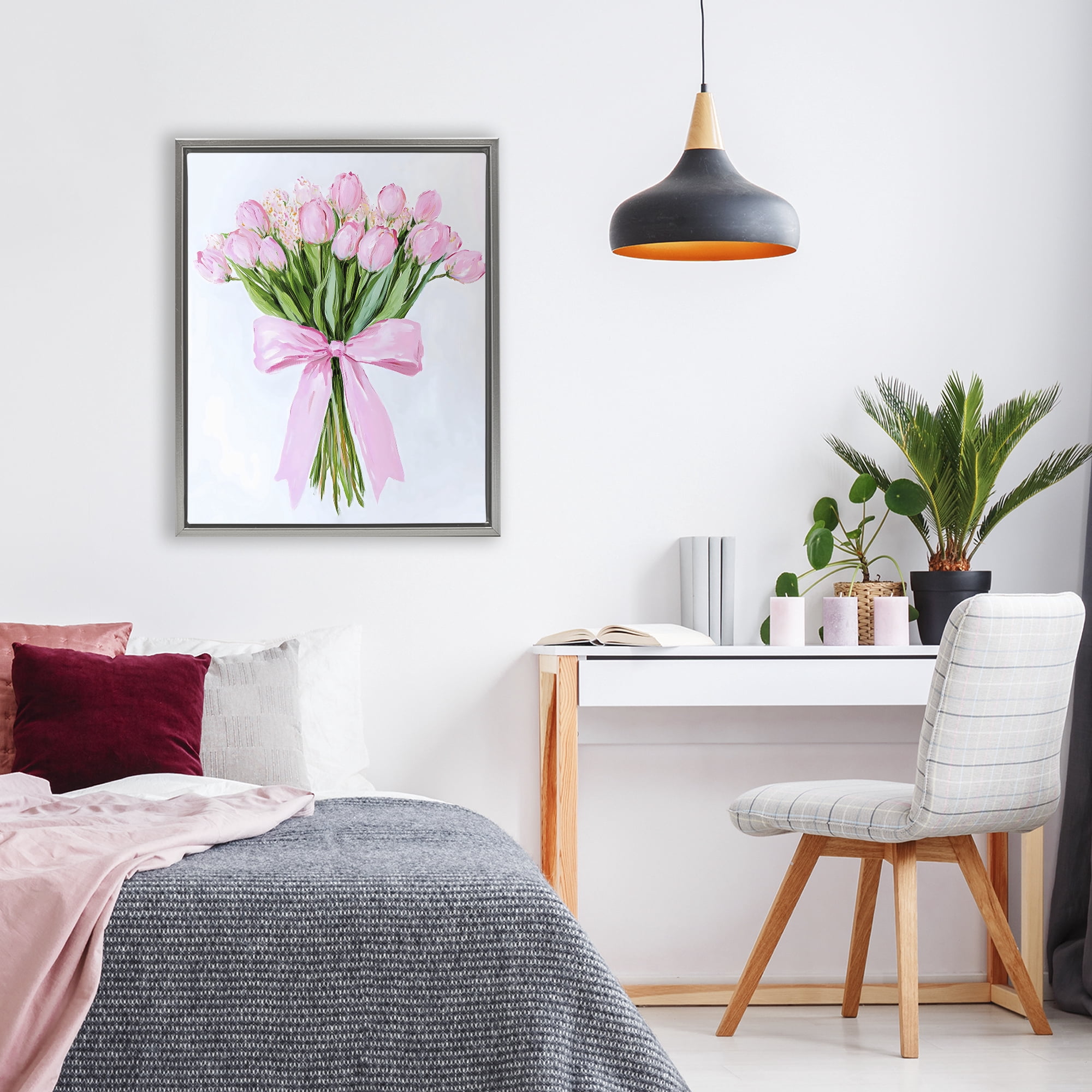 Stupell Industries Soft Pink Tulips with Ribbon Gray Framed Floater Canvas Wall Art, design by The Prints Vibe