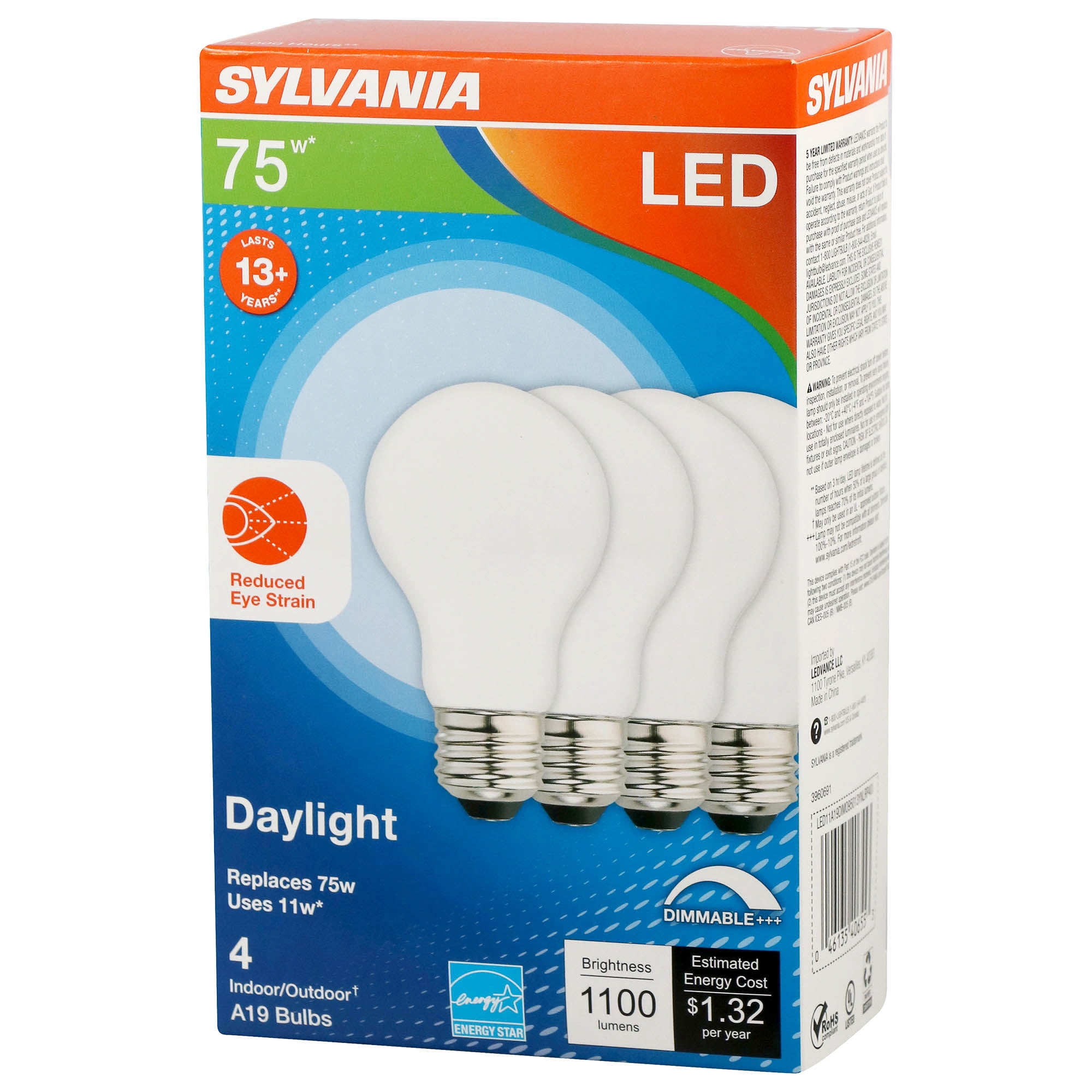 Sylvania LED A19 Reduced Eye Strain Light Bulb, 75W, Dim,Daylight, 4Pk