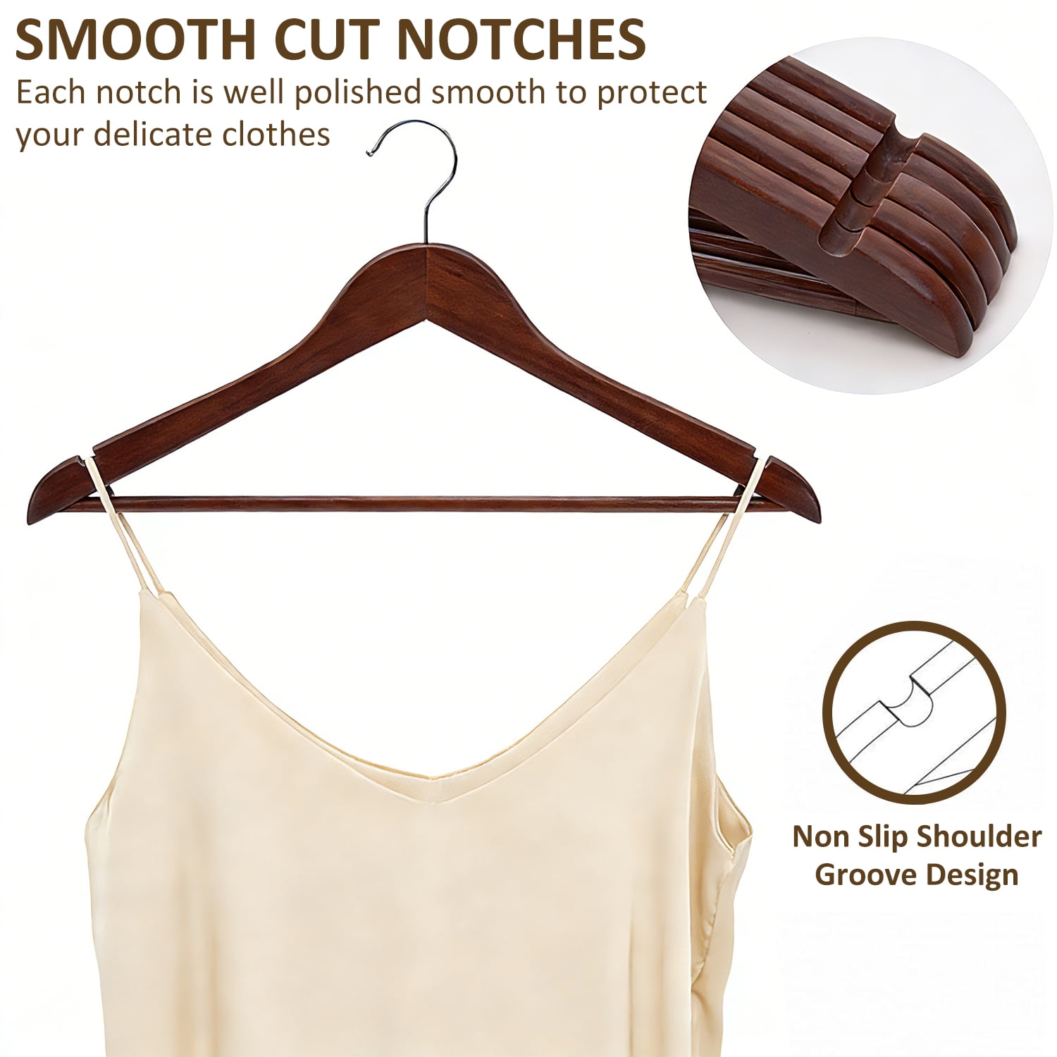BagDream Wooden Coat Hangers 20 Pack Walnut Wood Suit Clothes Hangers with Non Slip Pant Bar & 360° Swivel Hook