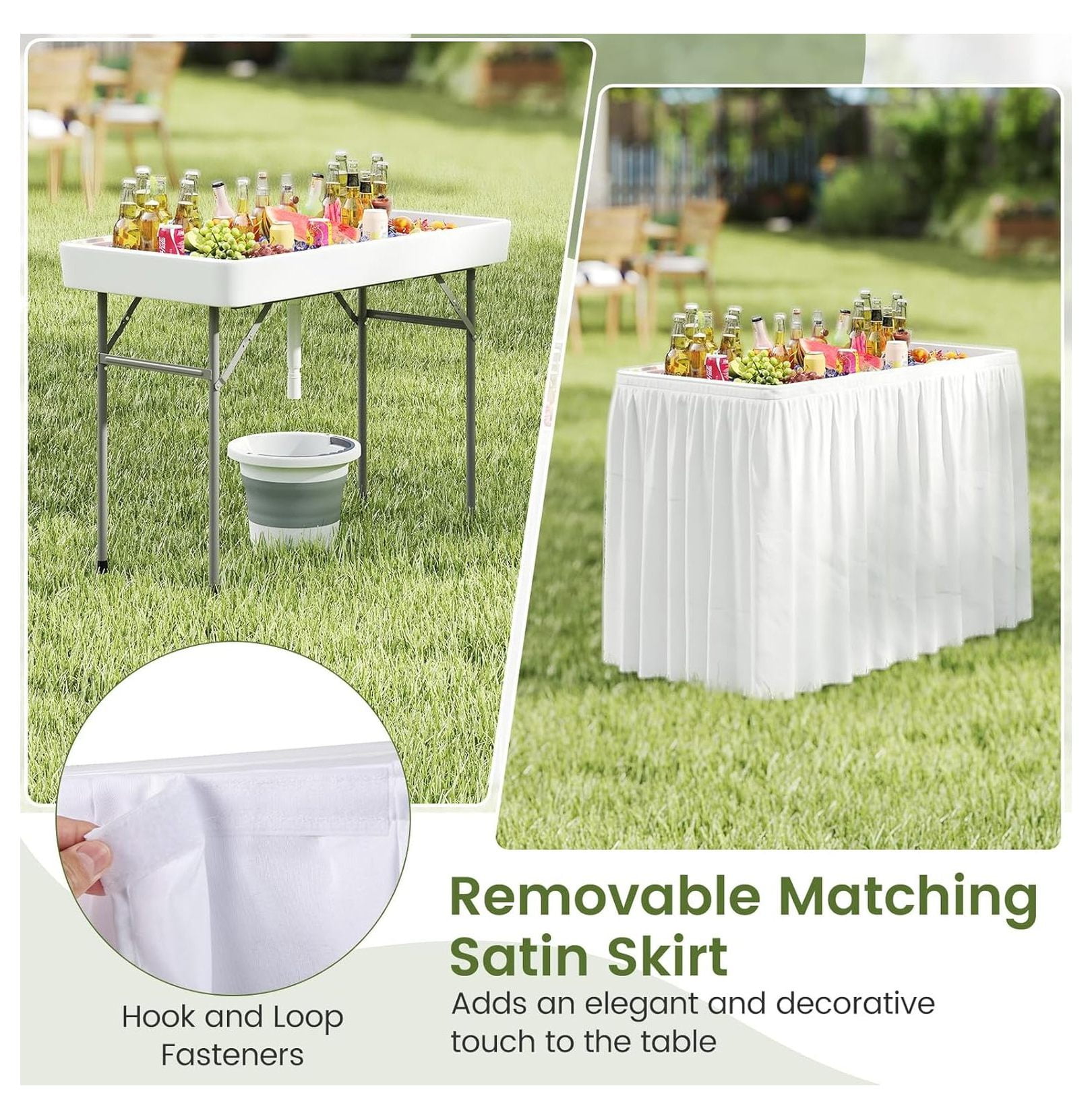 Folding Ice Cooler Table, 4 FT Portable Ice Table with Drain, Matching Skirt & Foldable Bucket, Buffet Beverage Server for Party, Picnic, Camping