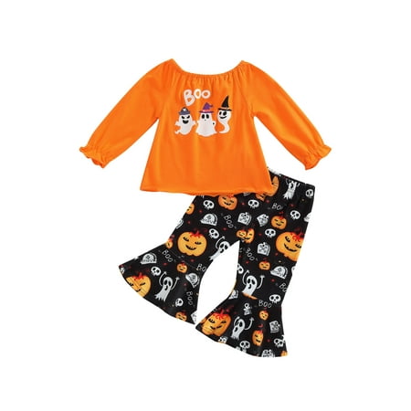 

wybzd Toddler Baby Girl Halloween Outfits Ghost Pumpkin Print Long Sleeve Tops Flare Pants Set Black 2-3 Years