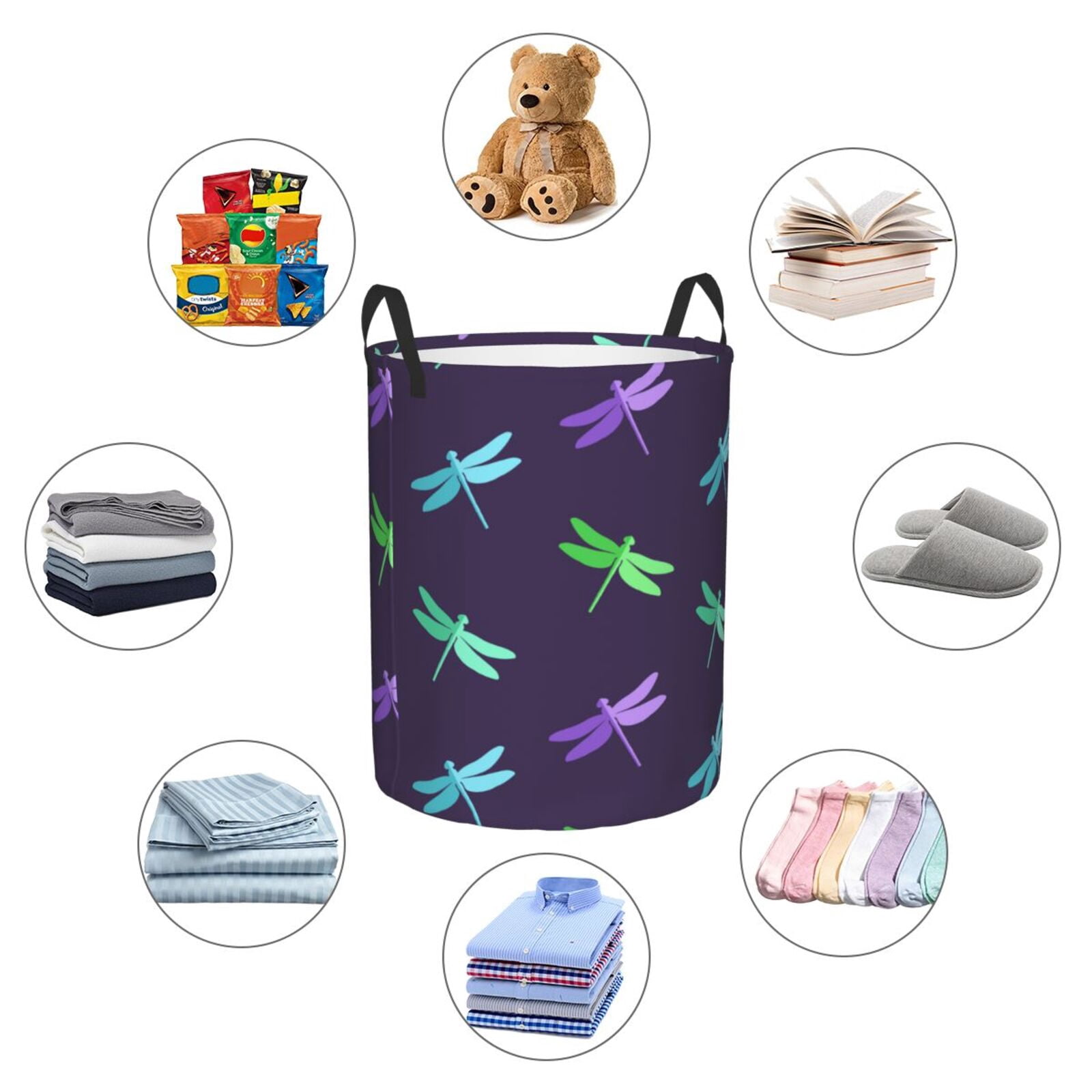 Large Laundry Basket with Handles - Blue Green Purple Dragonfly Kids Baby Dirty Clothes Laundry Hamper for Bedroom Aesthetic