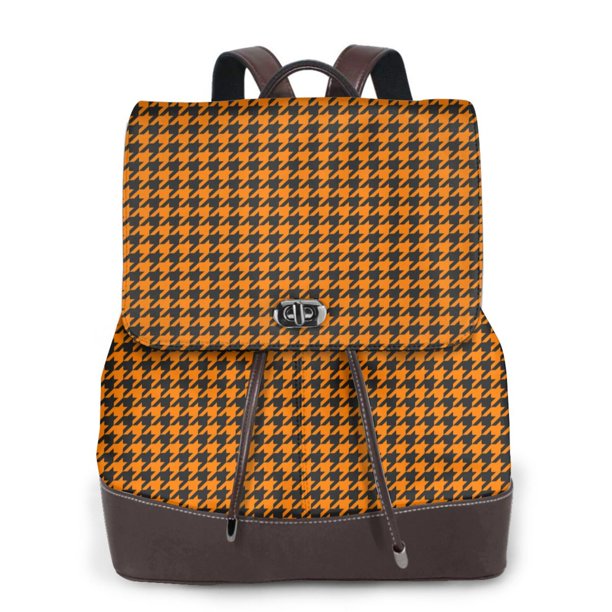 Balery Black And Orange Houndstooth Mochila de Cuero para Mujeres, Gran Capacidad, Bolsa de Viaje Multifuncional, Mochila de Cuero y Bolsa de Hombro para Mujeres