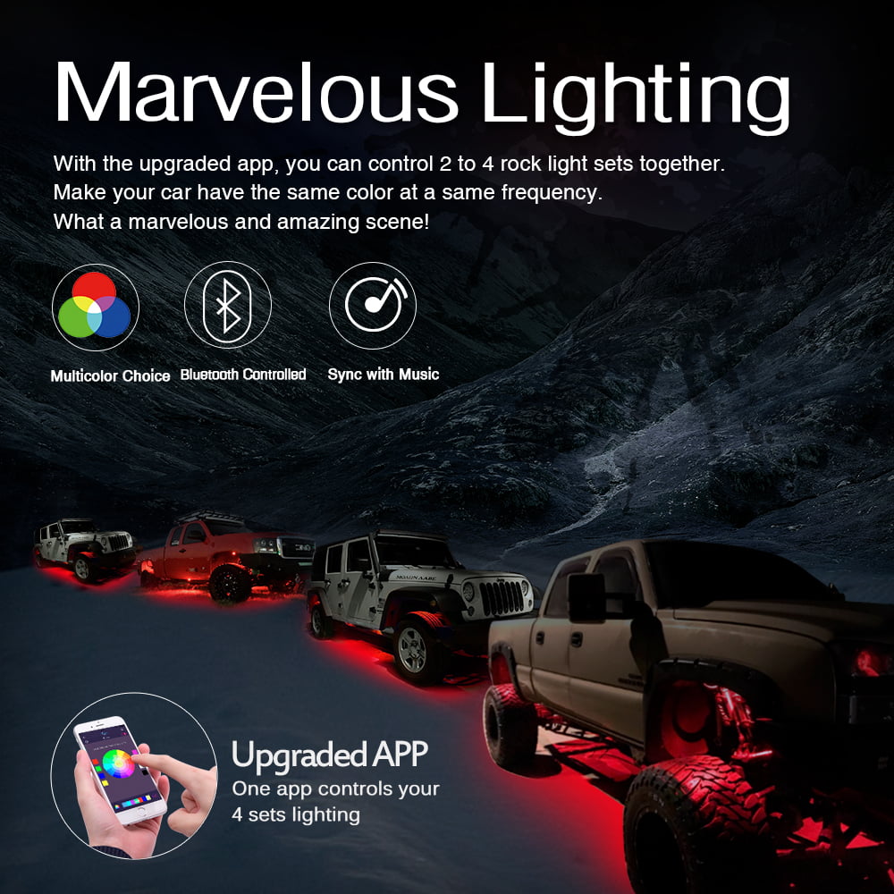 Timing 4 Pods Multicolor Rock Light Kit with Bluetooth Control 4WDKING RGB LED Rock Lights Music Mode for Underglow Jeep Off Road Car Truck Boat 