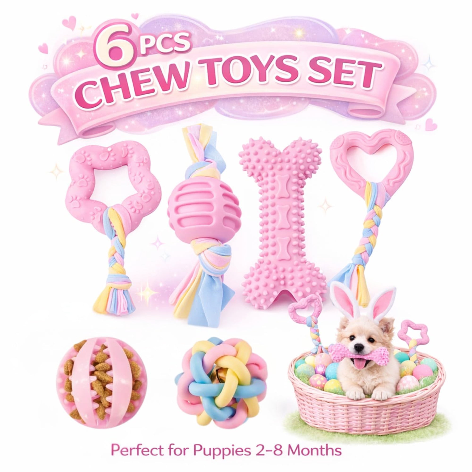 Puppy Chew Toys for Small Dogs, 6 Pack Soft Rubber Teething Toys, Interactive Teeth Cleaning Dog Toys for Puppies, Eco Friendly Safe Chewable Puppy Toys, Pink