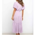 thumbnail image 5 of QUYUON Flowy Dresses for Women Casual Summer Wrap V-Neck Short Sleeve Ruffle Midi Dress with Belt Pleated A-Line Beach Sundress Elegant Formal Evening Party Cocktail Long Dresses Purple Small, 5 of 6