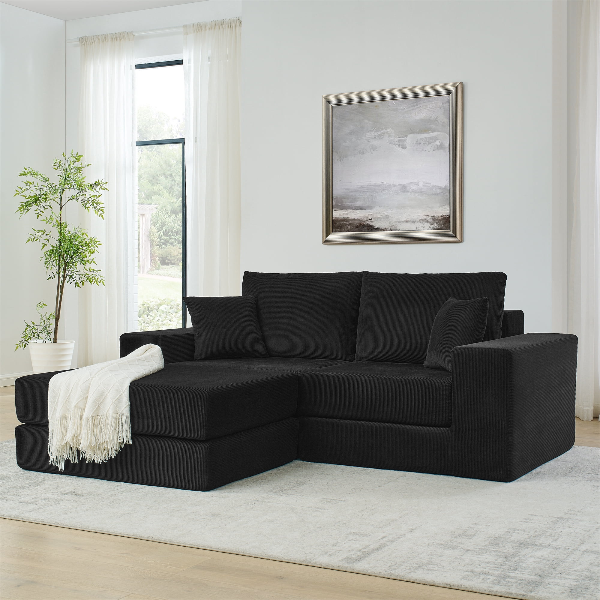 Miniyam 3 Seats Modular Sectional Sofa, Configurable Corduroy Cloud Couch with Pillows & Ottoman,No-Tools Assembly, for Living Room, Black