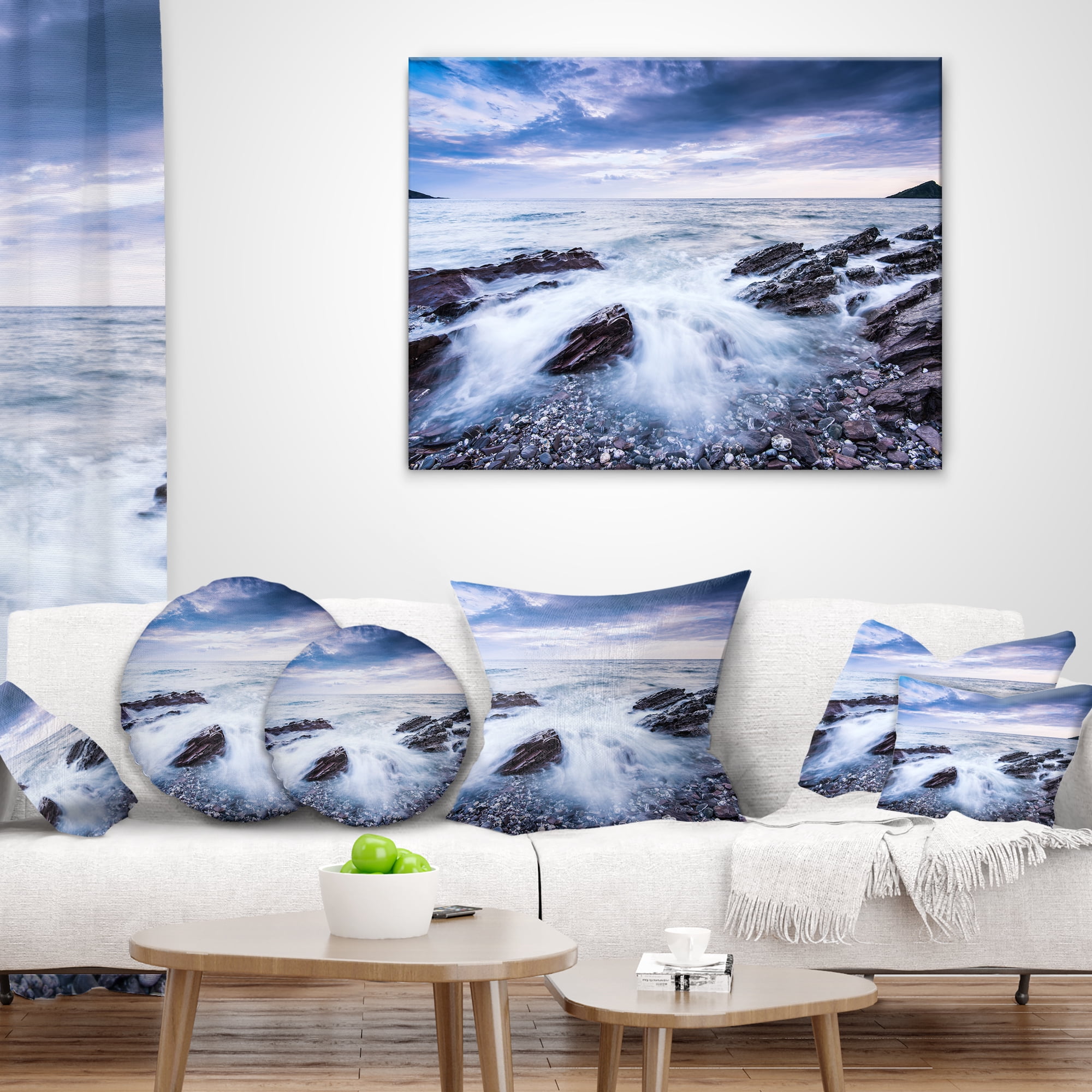 Designart Waves Crashing At Beach - Seascape Throw Pillow - 12x20