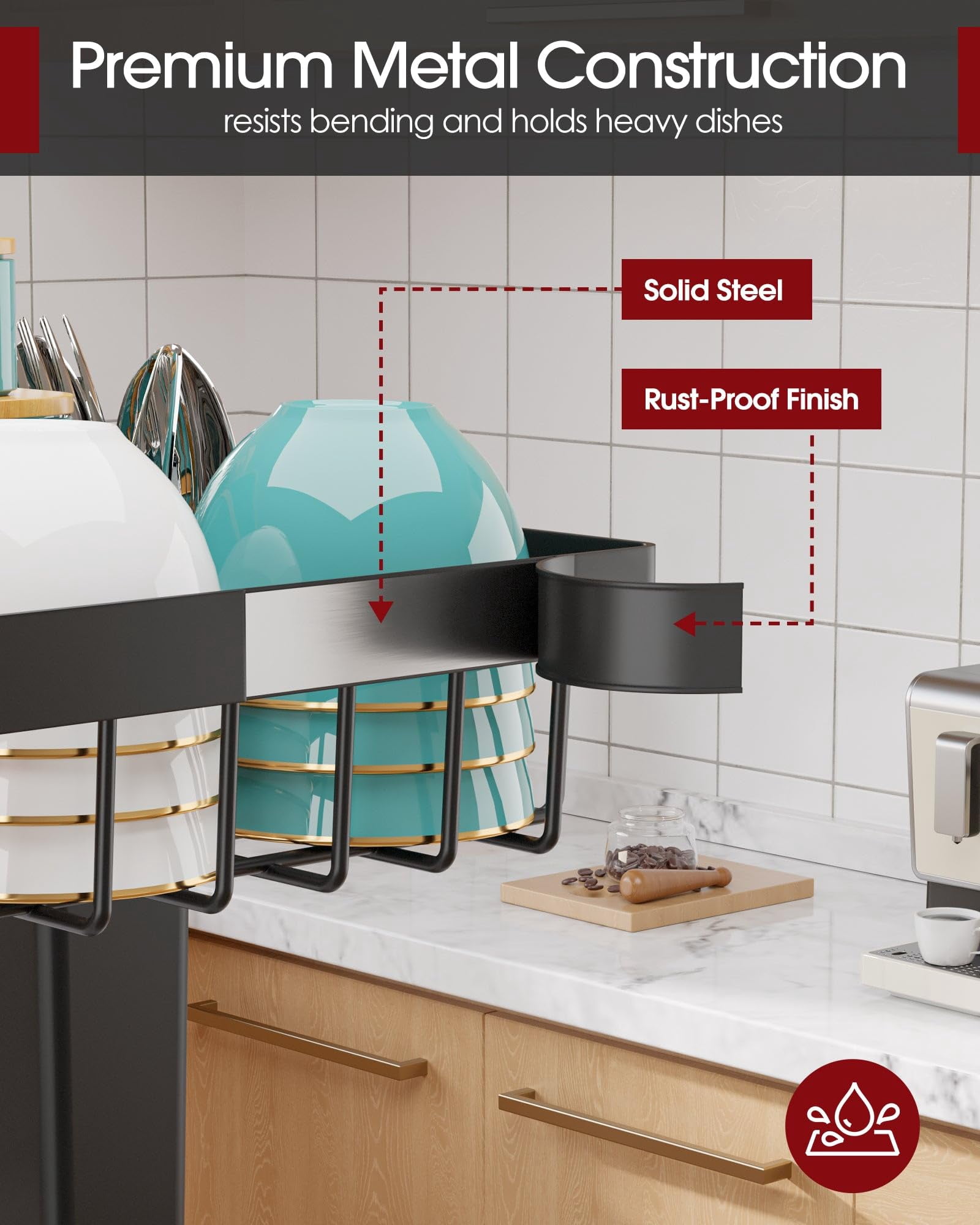 Over The Sink Dish Drying Rack - Adjustable 2 Tier Large Capacity Stainless Steel Drainer With Cutlery & Utensil Holders  Kitchen Storage Organization 30"-33.9" L X 11" W 21.5" H Black