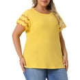 thumbnail image 2 of DARING DIVA Women's Plus Lace Panel Elegant Short Sleeve Top 1X Yellow, 2 of 6