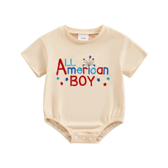Nwiuh 4th of July Baby Boy Outfit Newborn Bubble Romper Letter Short Sleeve Bodysuit First Fourth of July Romper Clothes (White, 3-6 Months)