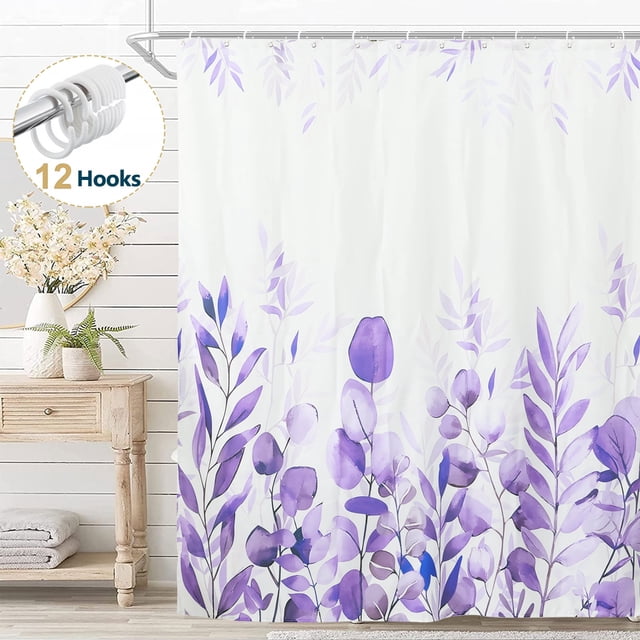 Cortina de Baño Dznils de Tela de Eucalipto Morado Floral Moderna con Ganchos 72' x 72'