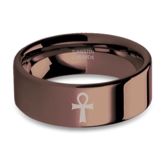 Ancient Ankh Charm Engraved Copper Brown Tungsten Ring, Polished, 8mm, Size 15