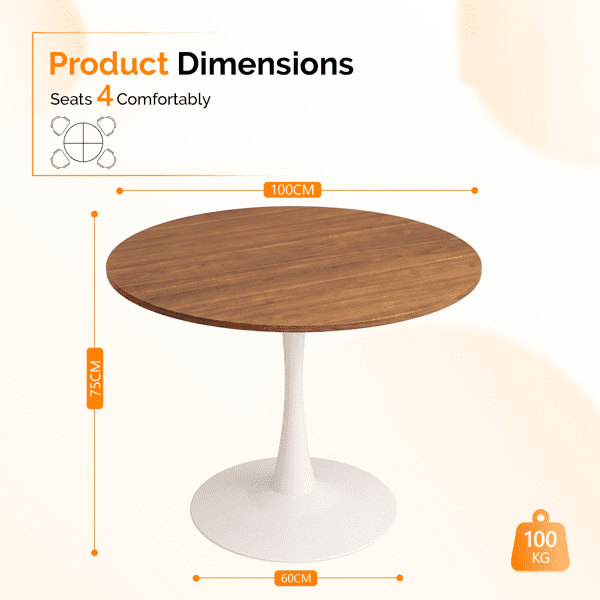Round Tulip Dining Table for 4 People, Melamine Laminated MDF Tabletop with Metal Pedestal Base, Easy Assembly Modern Kitchen Dinner Table, 39.4"X39.4"X29.5"