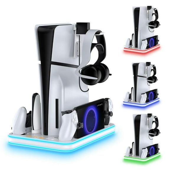 Stand and Cooling Station with RGB LED Controller Charging Station for PlayStation 5, For PS5 Controller Charger and PS Portal Remote Player Magnetic Charger, For PS5 / Slim Accessories Cooling White