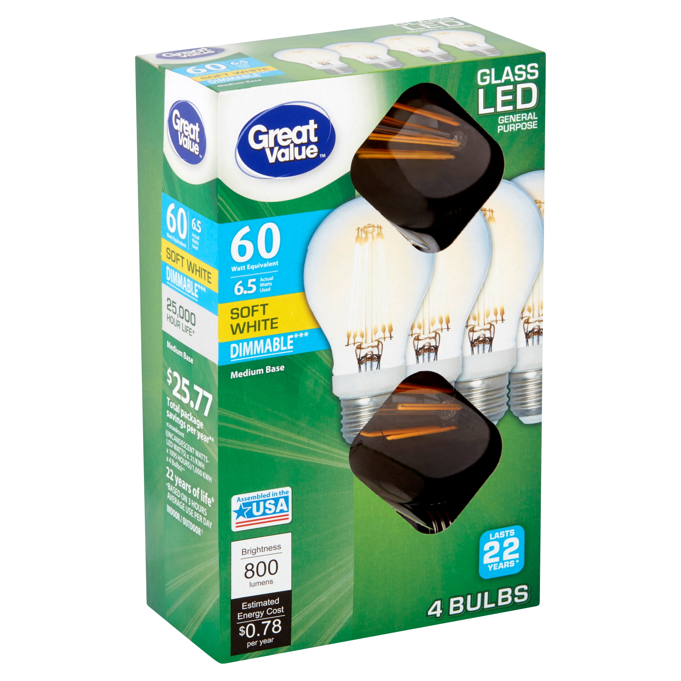 Great Value LED Glass 6.5 Watts Soft White Medium Base Bulbs, 4 count