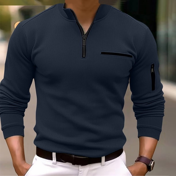 pstuiky Camiseta de manga larga con cremallera 3/4 para hombre, con cremallera en el brazo, camiseta deportiva de manga larga a rayas para hombre
