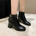 thumbnail image 2 of Nrmvnmi Women's Middle Heels Ankle Boots Closed Toe Trendy Solid Color Belt Buckle Cotton Boots Toe Back Zipper Chunky Heel Ankle Boots Black Mothers Day Gifts, 2 of 9