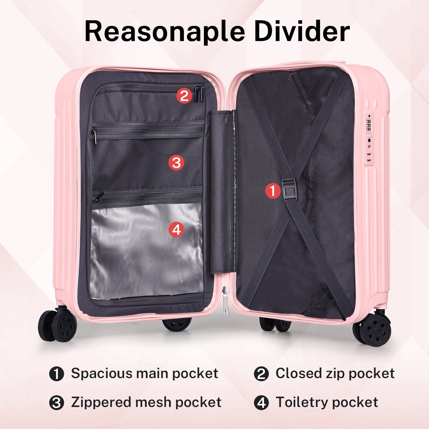 Carry on Luggage PC ABS Airline Approved Suitcase with Spinner Wheels TSA Lock Hardshell 20 inch Pink