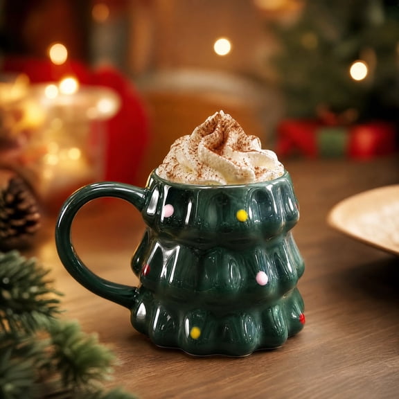 Ywbawe Christmas Tree Shaped Coffee Mug Festive Ceramic Drinking Cup with Handle for Hot Beverages Home Decor and Gift