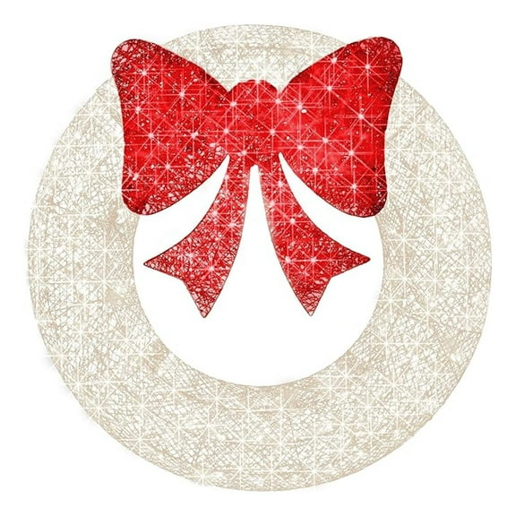 30in Pre-Lit Outdoor Decoration, LED Metal Holiday Decor for Home w/ 100 Lights, Bow - White/Red