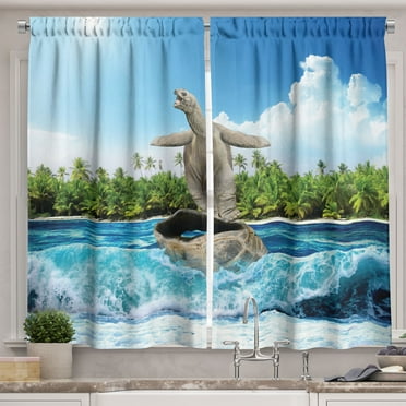 Animal Curtains 2 Panels Set, Naked Turtle left its Big Shell Surfing on its Home on the Ocean Sunny Beach Print, Window Drapes for Living Room Bedroom, 55W X 39L Inches, Multicolor, by Ambesonne