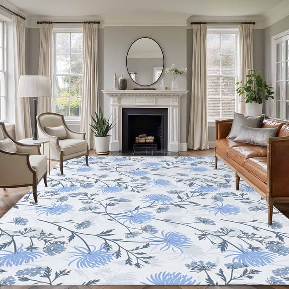 Large Area Rugs for Living Room Bedroom, Blue Spring Floral 6'x9' Rug Washable Carpet Runner Indoor Outdoor, Flowers Leaves Pastoral Botanical Non Slip Floor Mats Rug for Kitchen, Playroom