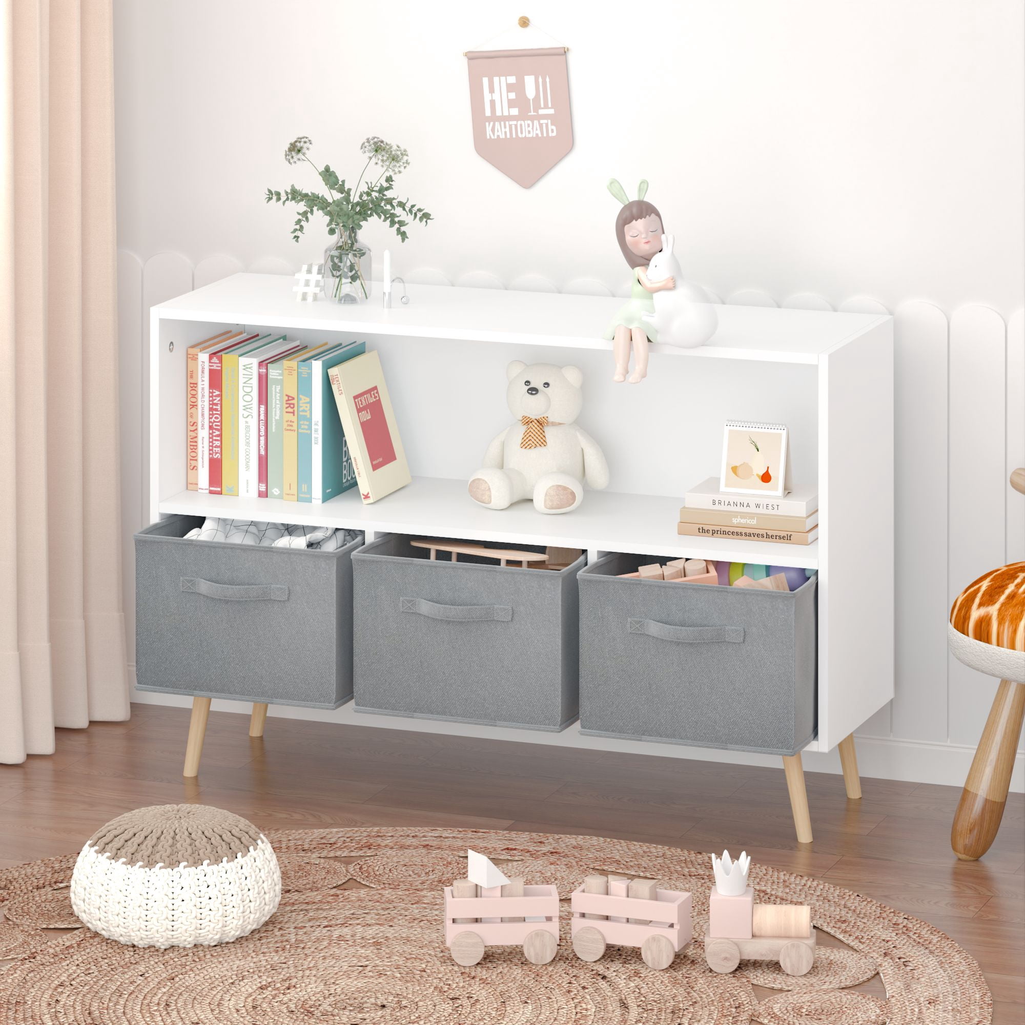 Kids Bookcase with Collapsible Fabric Drawers,Toy Storage Cubby,Children's Book Display,Toy Storage Cabinet Organizer,White/Gray